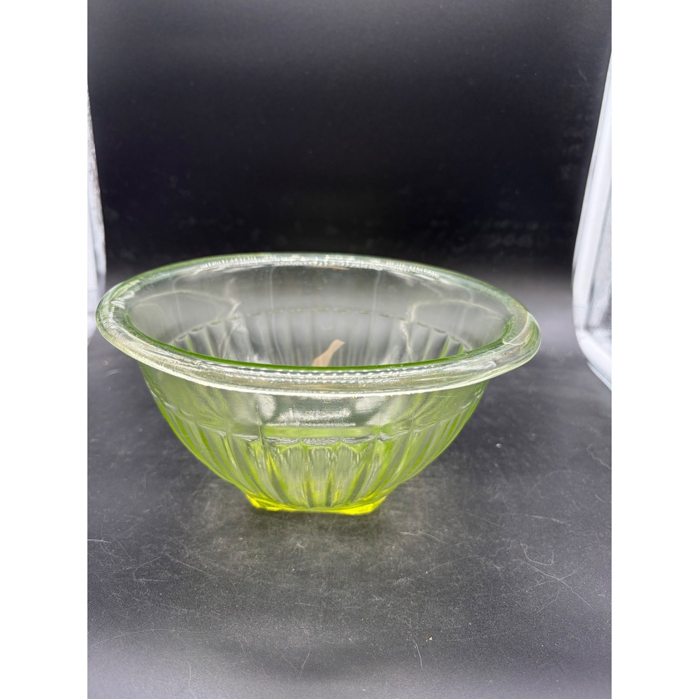 Vintage Uranium Glass Ribbed Bowl Yellow Green Vaseline Depression Glass Glows